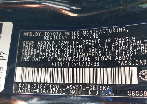 2017 Toyota Camry Se z USA, uszkodzony, nr VIN 4T1BF1FK5HU712798